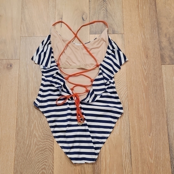 Tart Swim Collections one-piece navy/white striped lace up back swimsuit size L - Picture 3 of 7
